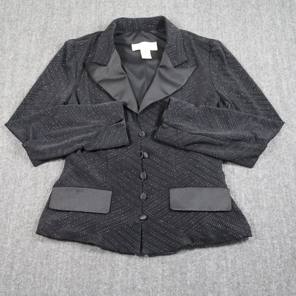 Jeanne Alexander Black Metallic Shimmer Blazer Satin Lapel Evening Jacket Small